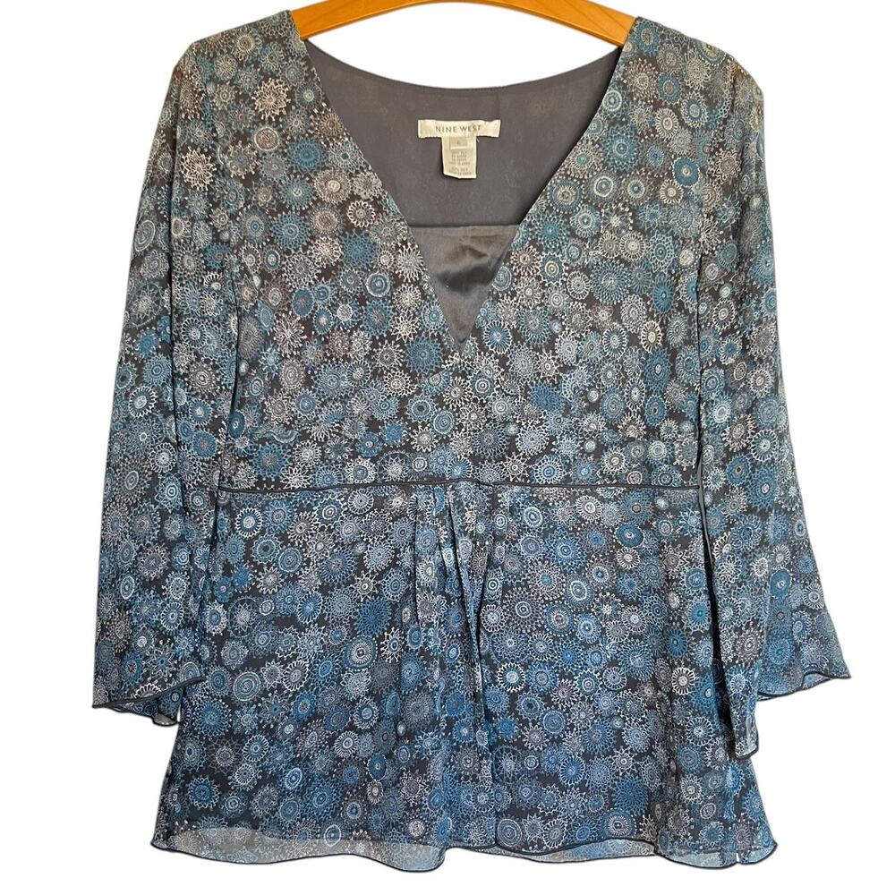 Vintage Nine West Y2K Silk Babydoll Blouse Blue Boho Print Sheer Sleeves Fairy 6